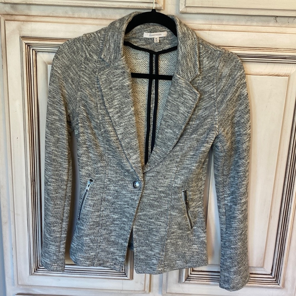 41 Hawthorn fitted 1-button knit blazer gray and white with zipper pockets XS 0